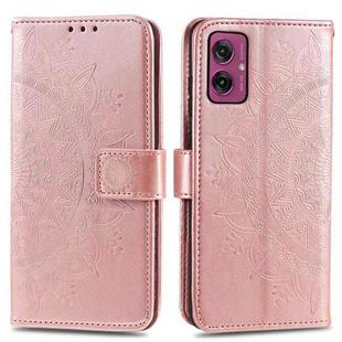 For Motorola Moto G55 Totem Flower Embossed Leather Phone Case with Lanyard(Rose Gold)