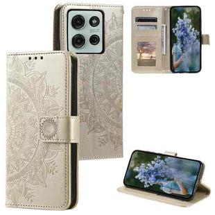 For Motorola Moto G75 5G Totem Flower Embossed Leather Phone Case with Lanyard(Gold)