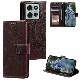 For Motorola Moto G75 5G Totem Flower Embossed Leather Phone Case with Lanyard(Brown)