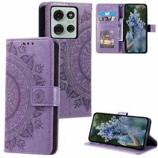 For Motorola Moto G75 5G Totem Flower Embossed Leather Phone Case with Lanyard(Purple)