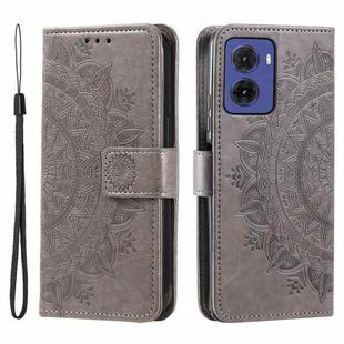 For Motorola Moto G05 Totem Flower Embossed Leather Phone Case with Lanyard(Grey)