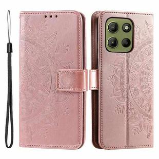 For Motorola Moto G15 Totem Flower Embossed Leather Phone Case with Lanyard(Rose Gold)