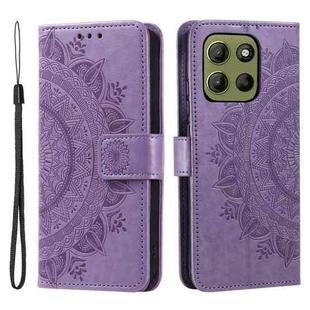 For Motorola Moto G15 Totem Flower Embossed Leather Phone Case with Lanyard(Purple)