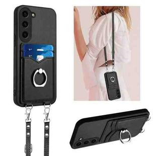 For Samsung Galaxy S23 FE 5G R20 Crossbody Rope Ring Card Holder Phone Case(Black)