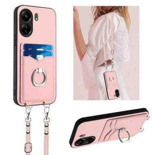 For Xiaomi Poco C65 R20 Crossbody Rope Ring Card Holder Phone Case(Pink)