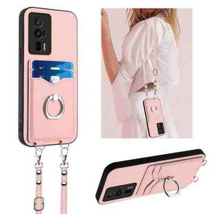 For Xiaomi Poco F5 Pro 5G R20 Crossbody Rope Ring Card Holder Phone Case(Pink)