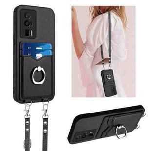 For Xiaomi Poco F5 Pro 5G R20 Crossbody Rope Ring Card Holder Phone Case(Black)