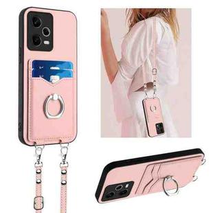 For Xiaomi Poco X5 R20 Crossbody Rope Ring Card Holder Phone Case(Pink)