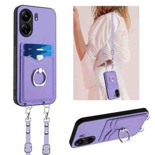 For Xiaomi Redmi 13C 4G Global R20 Crossbody Rope Ring Card Holder Phone Case(Purple)