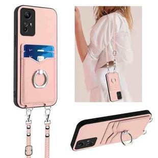 For Xiaomi Redmi Note 12S 4G Global R20 Crossbody Rope Ring Card Holder Phone Case(Pink)