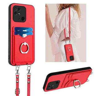 For Xiaomi Redmi 10C R20 Crossbody Rope Ring Card Holder Phone Case(Red)
