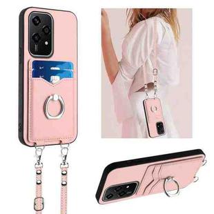 For Honor 200 Lite Global R20 Crossbody Rope Ring Card Holder Phone Case(Pink)