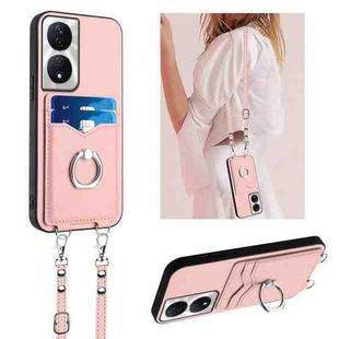 For Honor X7b / Play 8T 5G R20 Crossbody Rope Ring Card Holder Phone Case(Pink)