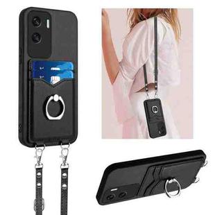 For Honor X50i R20 Crossbody Rope Ring Card Holder Phone Case(Black)