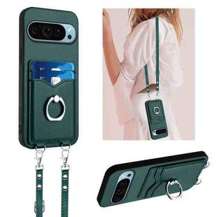 For Google Pixel 9 Pro R20 Crossbody Rope Ring Card Holder Phone Case(Green)