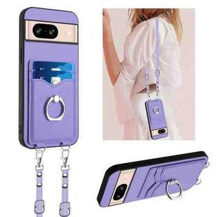 For Google Pixel 8 R20 Crossbody Rope Ring Card Holder Phone Case(Purple)