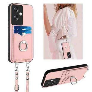 For OPPO A79 5G Global R20 Crossbody Rope Ring Card Holder Phone Case(Pink)
