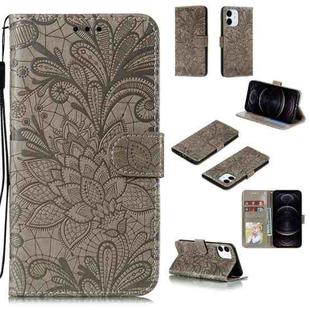 For iPhone 12 / 12 Pro Lace Flower Horizontal Flip Leather Case with Holder & Card Slots & Wallet & Photo Frame(Grey)