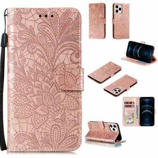 For iPhone 12 Pro Max Lace Flower Horizontal Flip Leather Case with Holder & Card Slots & Wallet & Photo Frame(Rose Gold)