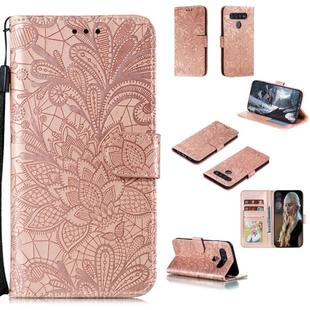 For LG K51S Lace Flower Horizontal Flip Leather Case with Holder & Card Slots & Wallet & Photo Frame(Rose Gold)