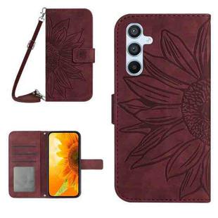 For Samsung Galaxy S25 5G Skin Feel Sun Flower Embossed Flip Leather Phone Case with Lanyard(Wine Red)