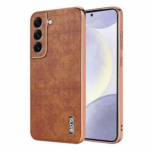 For Samsung Galaxy S22 5G AZNS Electroplated Frame Crocodile Texture Full Coverage Phone Case(Brown)