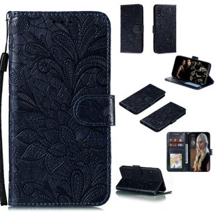 For Samsung Galaxy M01 Lace Flower Horizontal Flip Leather Case with Holder & Card Slots & Wallet & Photo Frame(Dark Blue)