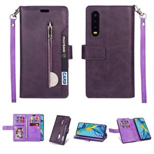 For Huawei P30 Multifunctional Zipper Horizontal Flip Leather Case with Holder & Wallet & 9 Card Slots & Lanyard(Purple)