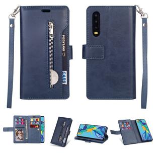 For Huawei P30 Multifunctional Zipper Horizontal Flip Leather Case with Holder & Wallet & 9 Card Slots & Lanyard(Blue)