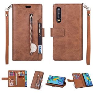 For Huawei P30 Multifunctional Zipper Horizontal Flip Leather Case with Holder & Wallet & 9 Card Slots & Lanyard(Brown)