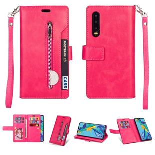 For Huawei P30 Multifunctional Zipper Horizontal Flip Leather Case with Holder & Wallet & 9 Card Slots & Lanyard(Rose Red)