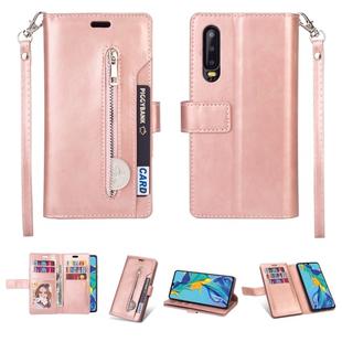 For Huawei P30 Multifunctional Zipper Horizontal Flip Leather Case with Holder & Wallet & 9 Card Slots & Lanyard(Rose Gold)