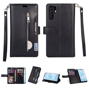 For Huawei P30 Pro Multifunctional Zipper Horizontal Flip Leather Case with Holder & Wallet & 9 Card Slots & Lanyard(Black)