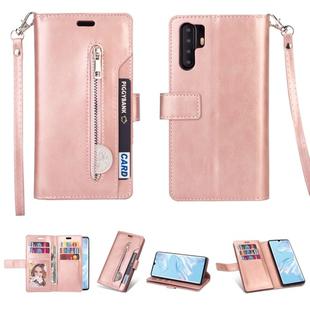 For Huawei P30 Pro Multifunctional Zipper Horizontal Flip Leather Case with Holder & Wallet & 9 Card Slots & Lanyard(Rose Gold)