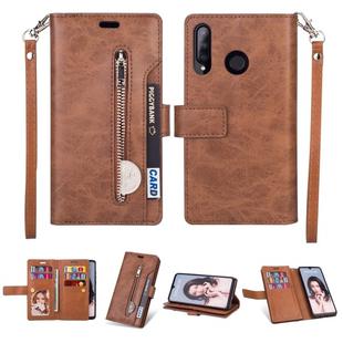 For Huawei P30 lite Multifunctional Zipper Horizontal Flip Leather Case with Holder & Wallet & 9 Card Slots & Lanyard(Brown)