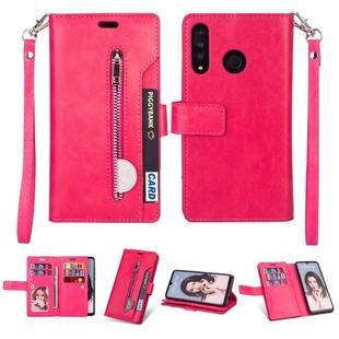 For Huawei P30 lite Multifunctional Zipper Horizontal Flip Leather Case with Holder & Wallet & 9 Card Slots & Lanyard(Rose Red)