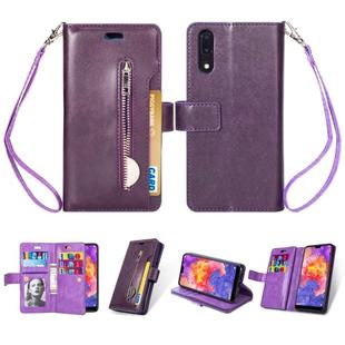 For Huawei P20 Multifunctional Zipper Horizontal Flip Leather Case with Holder & Wallet & 9 Card Slots & Lanyard(Purple)