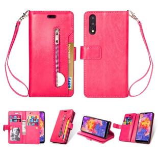 For Huawei P20 Multifunctional Zipper Horizontal Flip Leather Case with Holder & Wallet & 9 Card Slots & Lanyard(Rose Red)