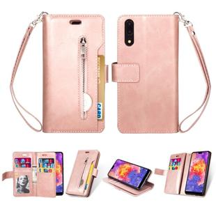 For Huawei P20 Multifunctional Zipper Horizontal Flip Leather Case with Holder & Wallet & 9 Card Slots & Lanyard(Rose Gold)