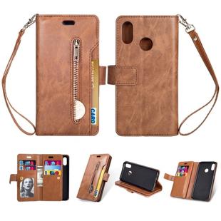For Huawei P20 lite / Nova 3e Multifunctional Zipper Horizontal Flip Leather Case with Holder & Wallet & 9 Card Slots & Lanyard(Brown)