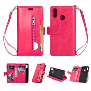 For Huawei P20 lite / Nova 3e Multifunctional Zipper Horizontal Flip Leather Case with Holder & Wallet & 9 Card Slots & Lanyard(Rose Red)