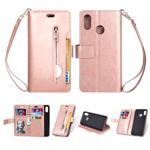 For Huawei P20 lite / Nova 3e Multifunctional Zipper Horizontal Flip Leather Case with Holder & Wallet & 9 Card Slots & Lanyard(Rose Gold)