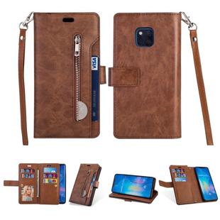 For Huawei Mate 20 Pro Multifunctional Zipper Horizontal Flip Leather Case with Holder & Wallet & 9 Card Slots & Lanyard(Brown)