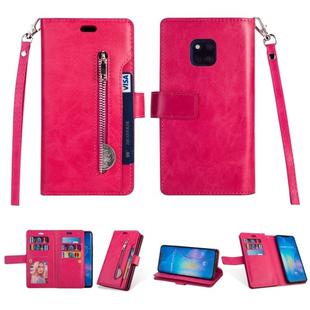 For Huawei Mate 20 Pro Multifunctional Zipper Horizontal Flip Leather Case with Holder & Wallet & 9 Card Slots & Lanyard(Rose Red)