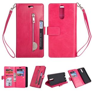 For Huawei Mate 10 Lite / Maimang 6 Multifunctional Zipper Horizontal Flip Leather Case with Holder & Wallet & 9 Card Slots & Lanyard(Rose Red)