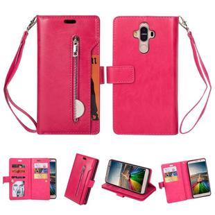 For Huawei Mate 9 Multifunctional Zipper Horizontal Flip Leather Case with Holder & Wallet & 9 Card Slots & Lanyard(Rose Red)