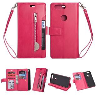 For OnePlus 5T Multifunctional Zipper Horizontal Flip Leather Case with Holder & Wallet & 9 Card Slots & Lanyard(Rose Red)