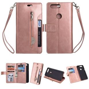 For OnePlus 5T Multifunctional Zipper Horizontal Flip Leather Case with Holder & Wallet & 9 Card Slots & Lanyard(Rose Gold)