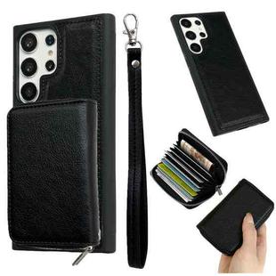 For Samsung Galaxy S23 Ultra 5G Solid Color Zipper 11-Card Slots Bag Phone Case with Lanyard(Black)