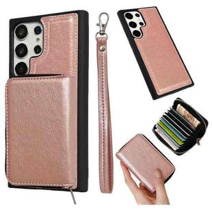 For Samsung Galaxy S23 Ultra 5G Solid Color Zipper 11-Card Slots Bag Phone Case with Lanyard(Rose Gold)